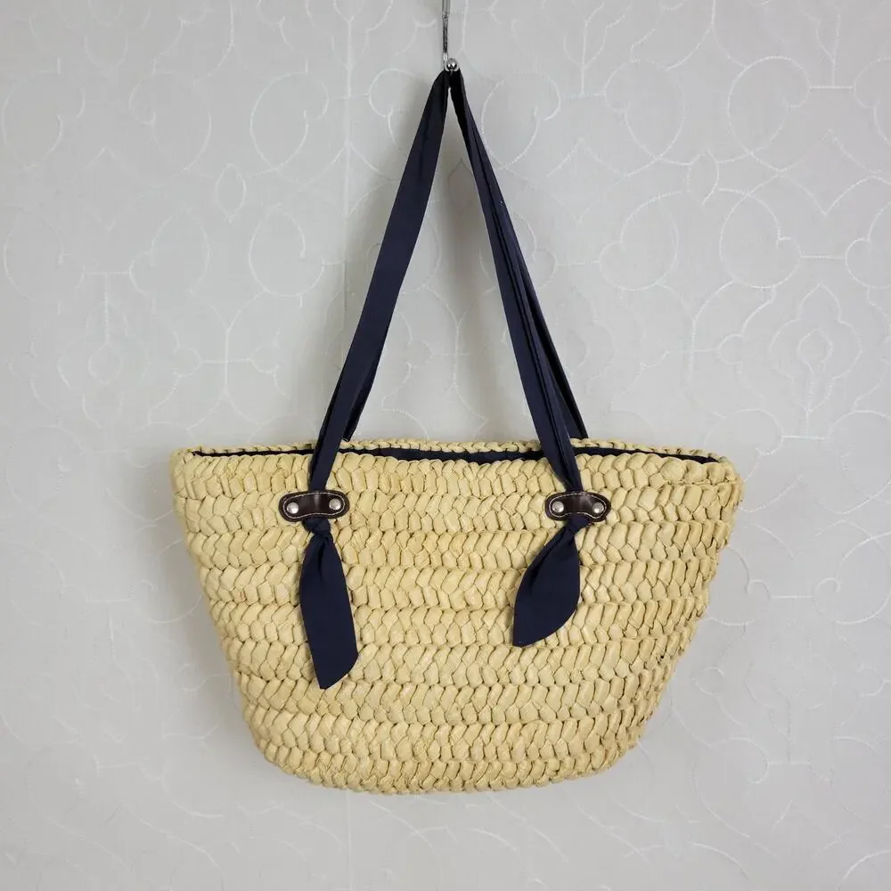 World Market Womens Tote Bag Navy Fabric Straps Natural Beige Rattan Beach